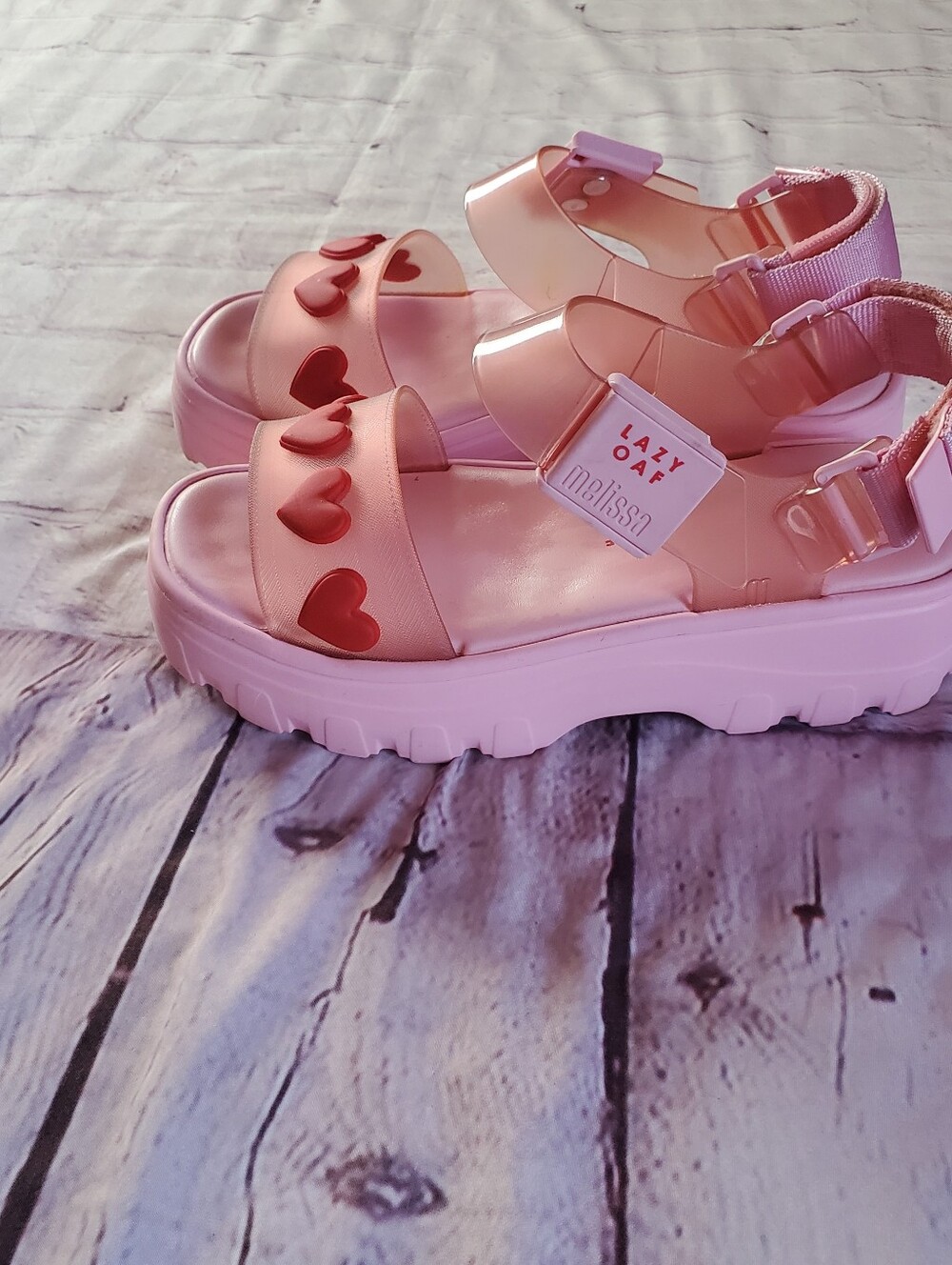 Melissa x Lazy Oaf Pink Platform Sandals with Red Heart Accents - Picture 2 of 13